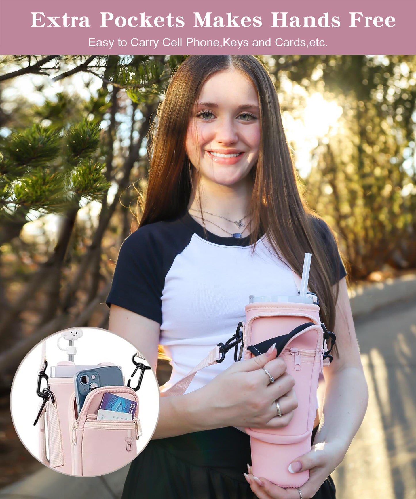 Water Bottle Carrier Bag With Phone Pocket For Tumbler Neoprene Water Bottle Holder Pouch With Adjustable Strap Bollus With Straw Cover & Carabiner For Cup Accessories Drinkware Mug